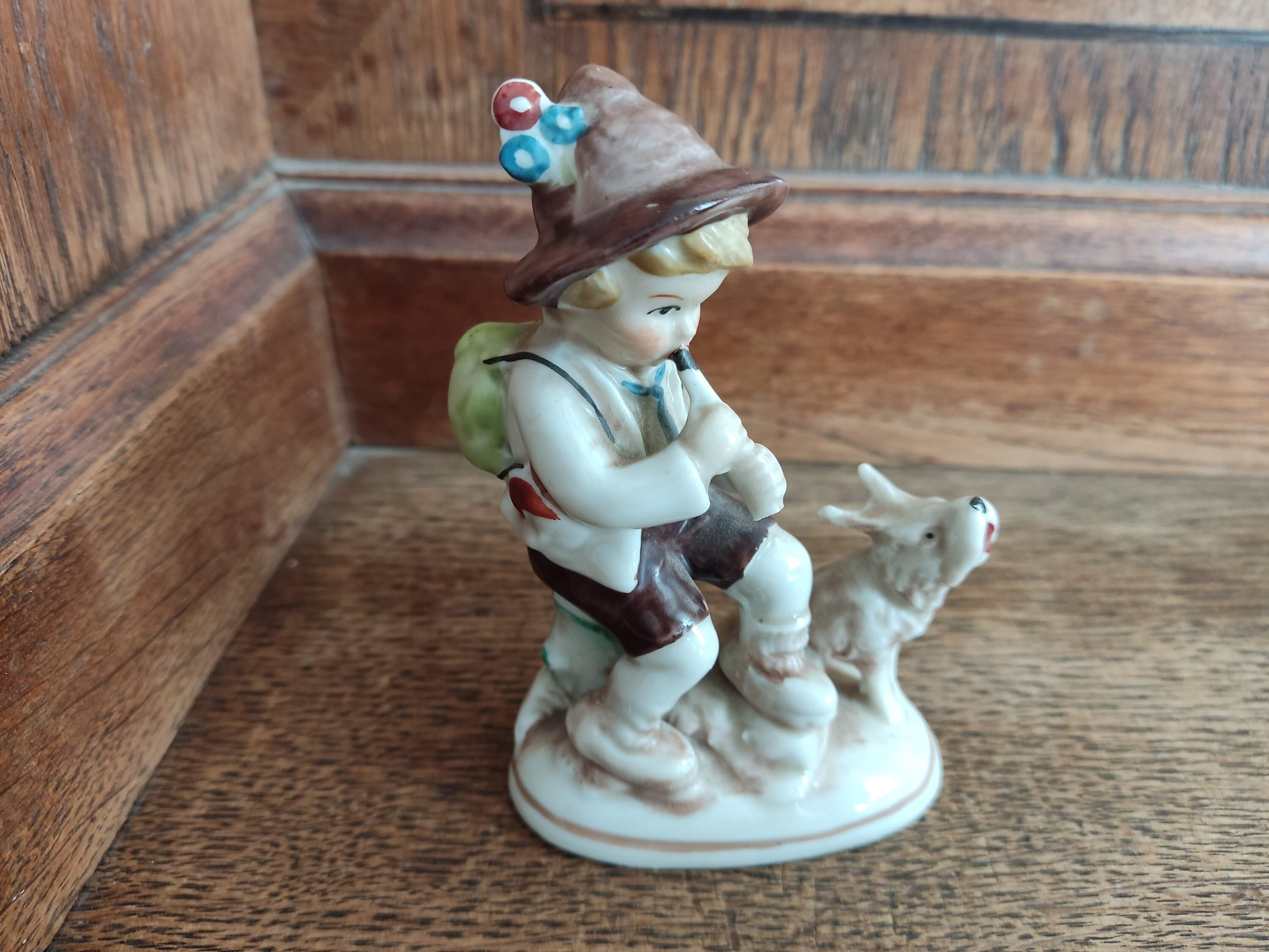 1960s German Porcelain Figurine Boy With Flute and Dog Vintage