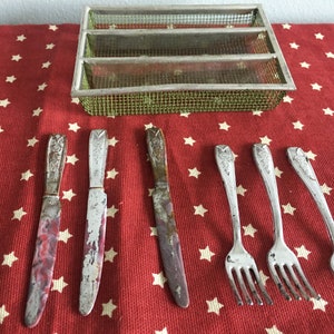 Vintage German Plastic Dollhouse Cutlery in Wire Basket Doll Size, 1950s – 1960s Miniature Kitchenware Toys Set 7pcs