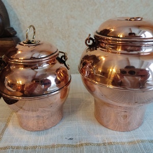 Antique Vintage Small Decorative Copper Pots both With lids and Handles Vintage Pail, Copper Container
