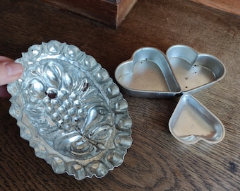 Vintage sandbakkel tin molds tart pans Grape / Fruit Heart Jello fluted metal baking pans cookie molds Farmhouse Kitchen Primitive Kitchen