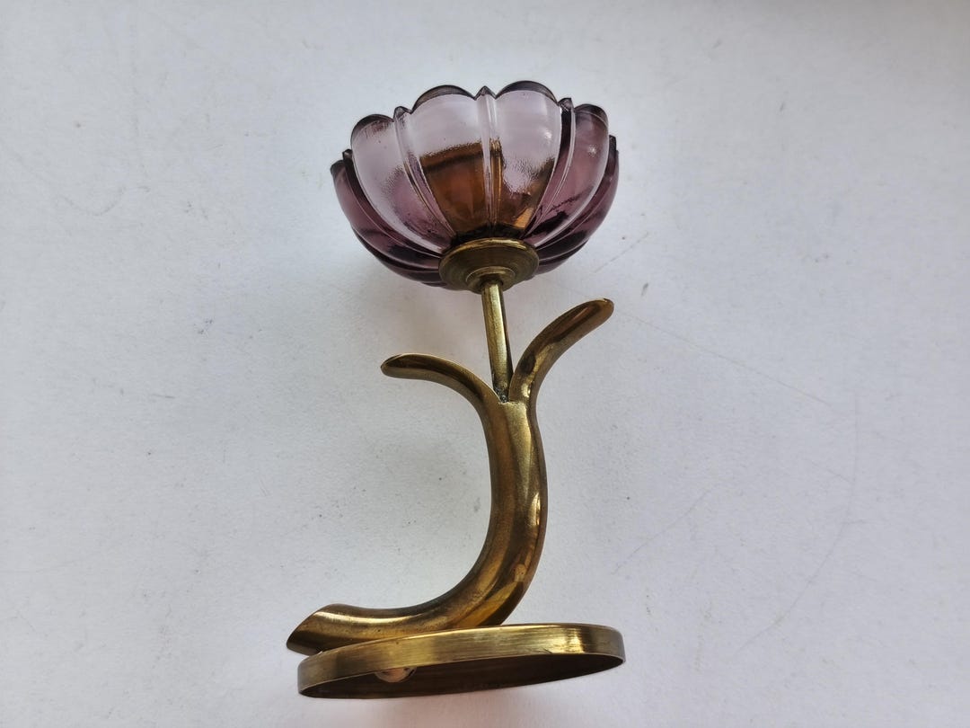 Vintage Gunnar Ander Brass and Purple Glass Flower Candle Holder