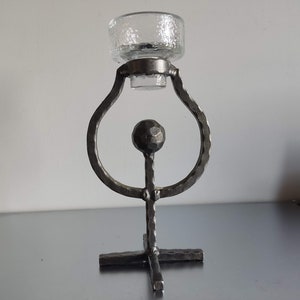 Vintage unmarked Wrought Iron and Glass Rustic Candle Holder Sweden Scandinavian 1960s abstract  Man with arms raised