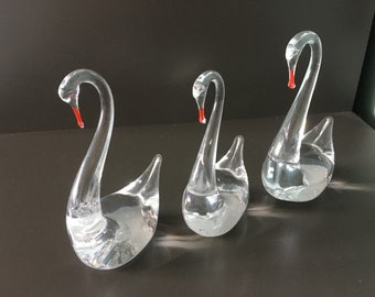 Ensemble de 3 cygnes en verre clair vintage en verre massif élégant cygne figurine de mariage verre de collection transparent cygne table décor pendaison de crémaillère