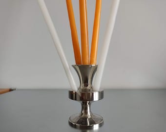 Dansk Mid-Century metal Nickel Plate Candle Holder marked F.M.K.  with box of Dansk Tiny Tapers Candles