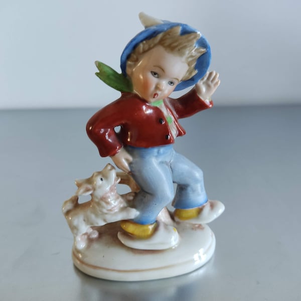 Vintage Porcelain Mid Century German Boy with Bird Figurine