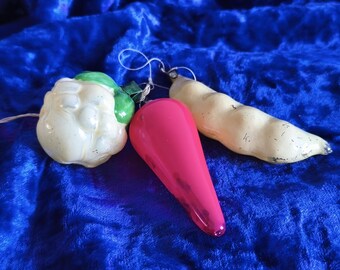 Set of 3 Vintage Soviet Christmas Ornaments Carrot Pea Pod Grape