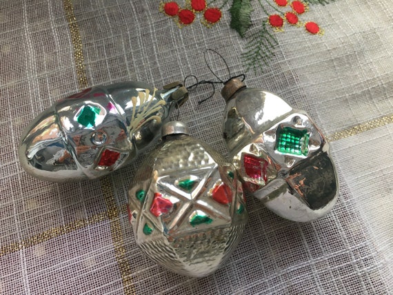 3 クリスマス アンティーク オーナメント ソビエト ガラス シルバー