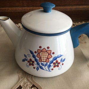 Vintage Teapot Kettle with Lid  Kockum (Kockums) Enamelware  Coffee Pot  White and blue Rustic Kitchen Floral Decor Sweden 5.5&quot; high