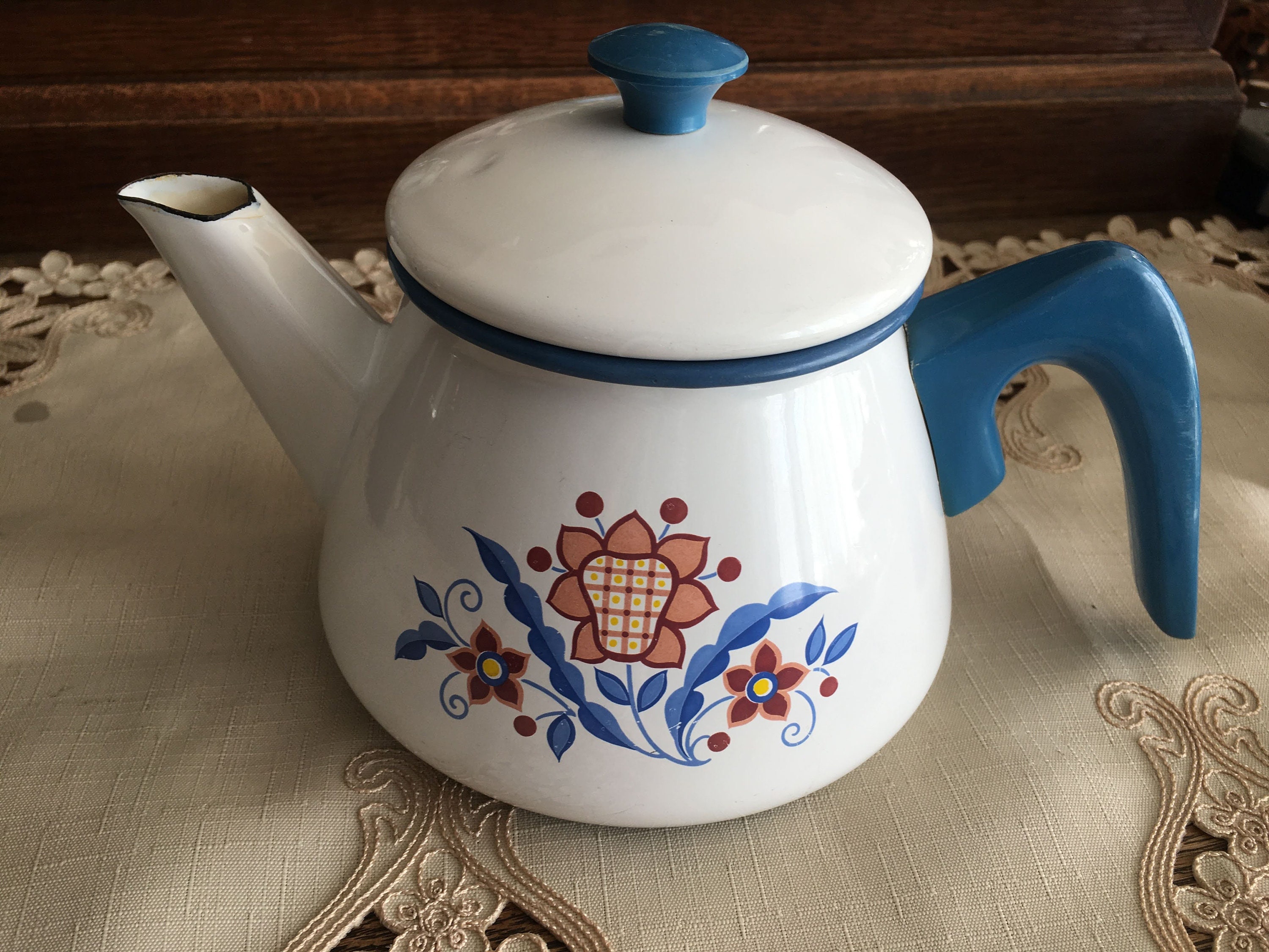 Vintage Teapot Kettle with Lid  Kockum (Kockums) Enamelware  Coffee Pot  White and blue Rustic Kitchen Floral Decor Sweden 5.5" high