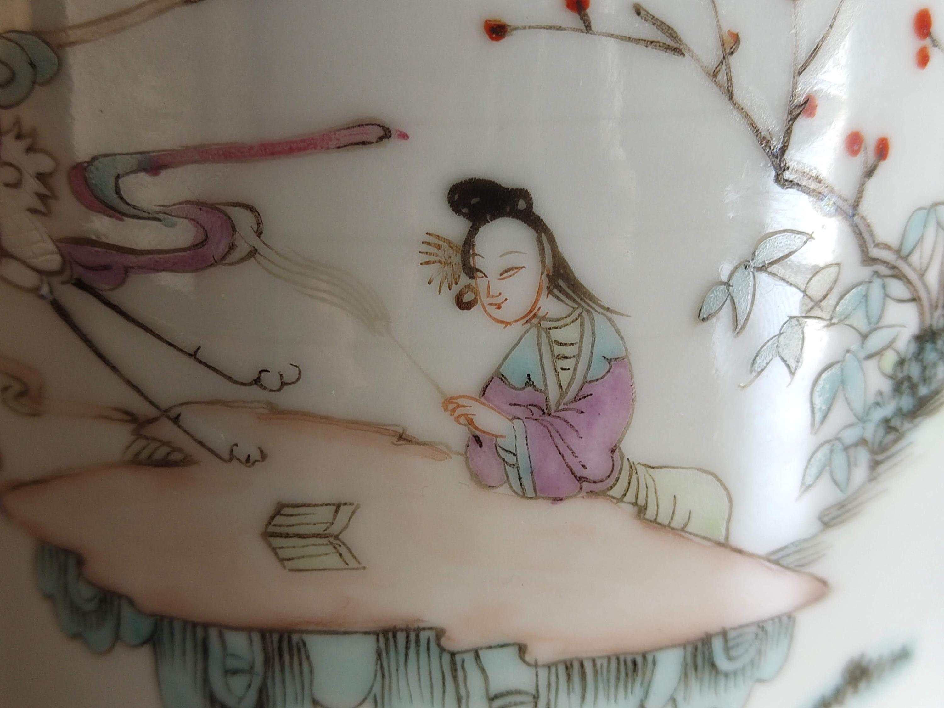 アンティーク中国ティーポット 19 世紀 / エナメル加工磁器 / 手描きの