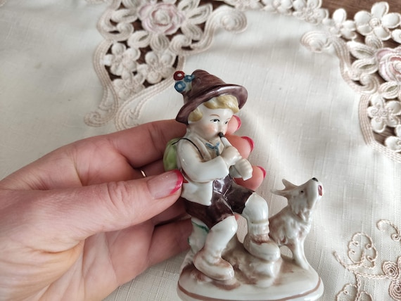 1960s German Porcelain Figurine Boy With Flute and Dog Vintage
