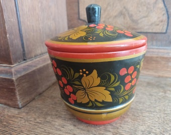 Vintage Russian Khokhloma Lacquer Folk Art Hand Painted Wooden  Dish Bowl with lid Khokhloma Hohloma