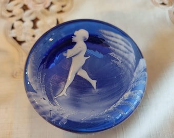 Antique Victorian  MARY GREGORY COBALT Blue Glass Casket / Pill Box /Hand Blown Jewelry Box early 1900