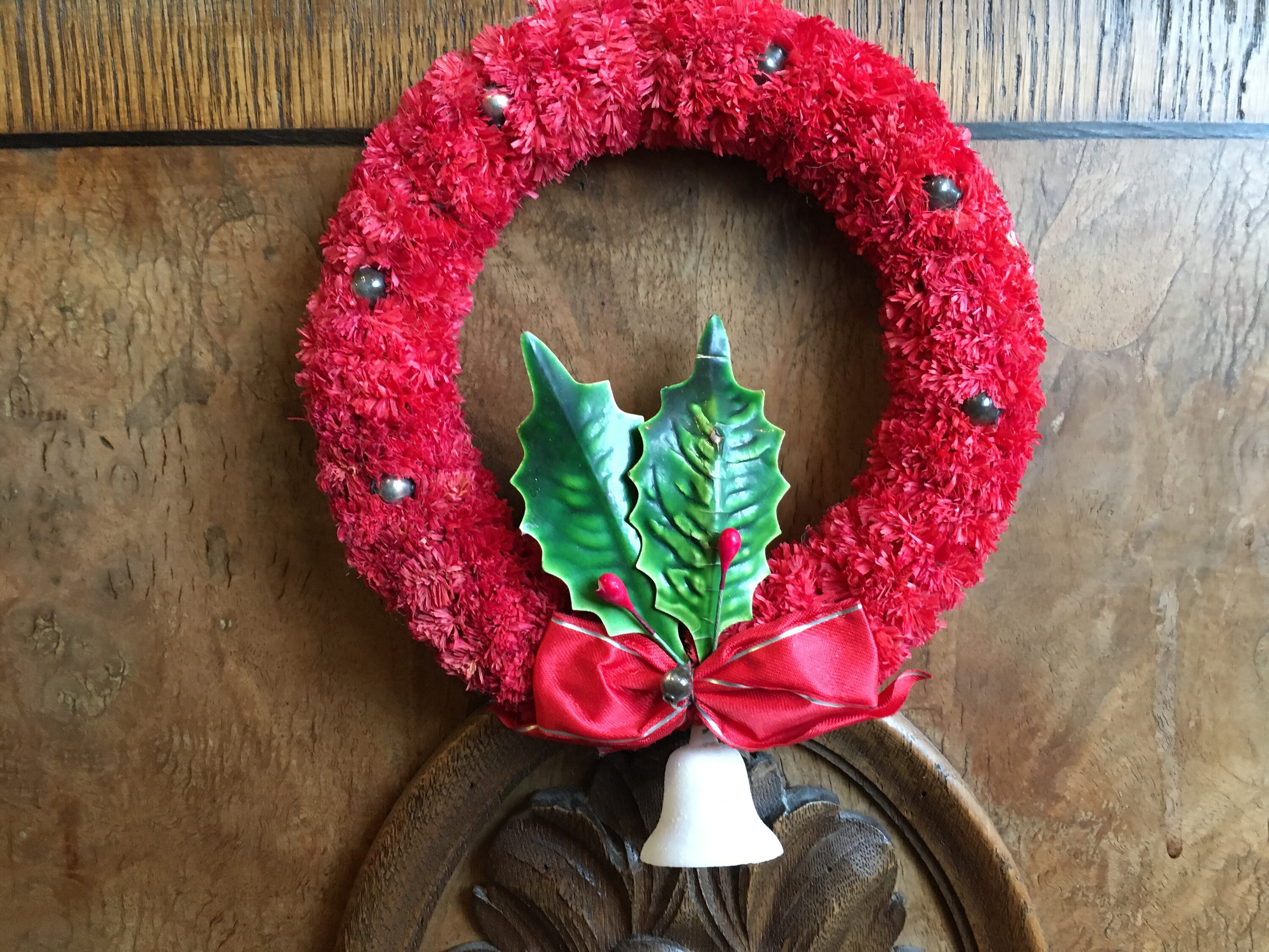 Vintage Christmas Wreath Red Raffia With Cardboard Green Leaves
