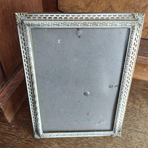 Vintage Enamel and Brass Picture Frame with Glass Front, 1950s Hollywood Regency Ornate Filigree Metal 5x7 Inch Photo Display