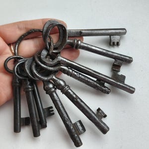 Può includere: Un gruppo di chiavi antiche in metallo, di varie dimensioni e design, legate insieme su un anello di metallo. Le chiavi hanno un aspetto scuro e invecchiato, suggerendo che siano vintage. L'immagine mostra i dettagli intricati dei disegni delle chiavi.