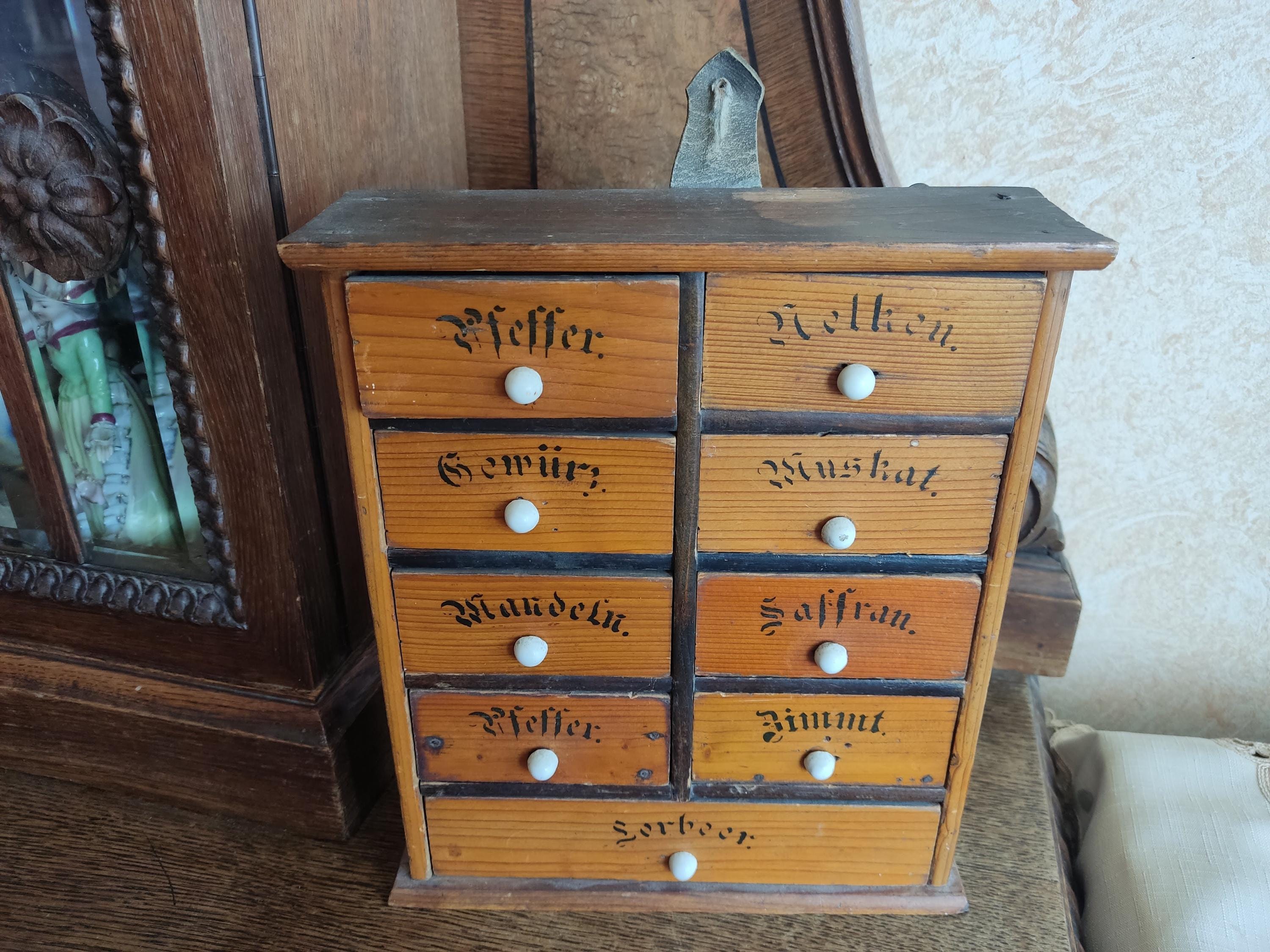 Vintage Wooden Spice Cabinet with 9 Drawers, Rustic German Herb Organizer, Antique Wall-Mounted Apothecary Box Farmhouse Kitchen Decor 1900s