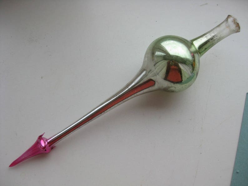 Topper Antique Tree Christmas Glass Ornament Soviet Long Silver Vintage Decoration Ornaments Retro Bubbles Green Flowers Red Elegant