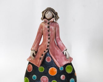 Girl in Polka Dot Dress, ceramic sculpture, art sculpture, clay figurine, ceramic figurine, art ceramics, ceramic girl, polka dot
