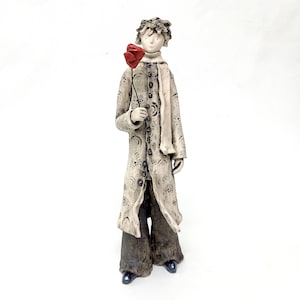 The Only Rose, Ceramic Boy Holding a Red Rose – Little Prince Feel, Collectible Figurine, Handmade Sculpture, Gift for Dreamers