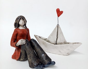 Follow your Heart, ceramic sculpture, art sculpture, clay figurine, ceramic figurine, art ceramics, ceramic girl, ceramic boat