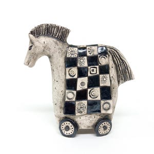The Knight,  Handmade Clay Figurine, Toy Horse Decor, Black and White Pattern, Whimsical Ceramic ArtCeramic sculpture, Art sculpture, Chess