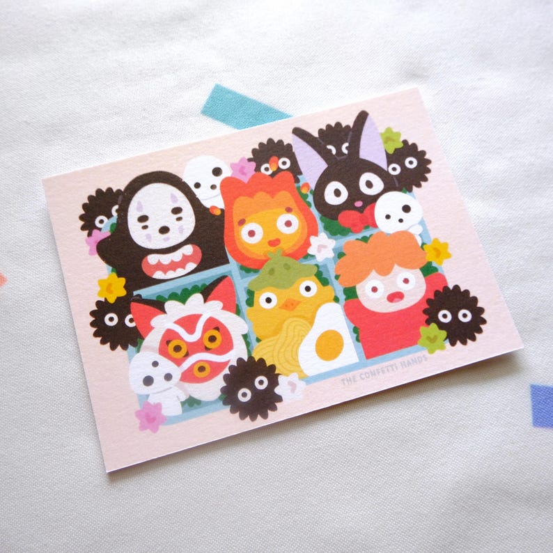 Puede incluir: Una postal rectangular con personajes de dibujos animados coloridos. Los personajes est&aacute;n dispuestos en una cuadr&iacute;cula sobre un fondo rosa claro. El texto "THE CONFETTI HANDS" es visible en la parte inferior.