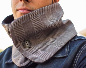 Checked scarf with polar fleece inside, polar fleece scarf, elegant scarf, grey and black scarf, neckwarmer, winter cowl