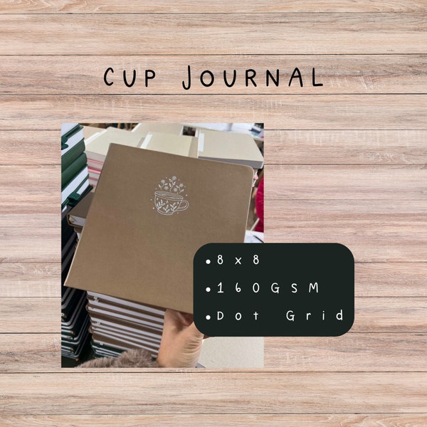 8x8 Dot Grid Journal Tan Tea/Coffee Cup with White Foil 160gsm White paper