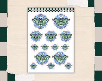 Luna Moth Sticker Sheet | Celestial Cottagecore Journal Planner Stickers