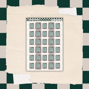 May include: A sheet of stickers featuring a repeating pattern of e-reader illustrations. Each e-reader is depicted with a screen displaying horizontal lines, a black border, and a small number. The stickers are on a white background with a green and white checkered pattern.