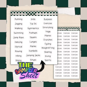 Op de afbeelding: Twee stickervellen met woorden gerelateerd aan lichaamsbeweging, zoals "Hardlopen", "Yoga" en "Gewichtheffen". De vellen zijn wit met zwarte tekst en een groen-witte geblokte rand. De tekst "THE SAMPLER Sheet" is ook zichtbaar.