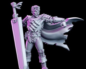 May include: A grey 3D printed miniature of a fantasy warrior holding a sword. The warrior is wearing armour and a cape. The miniature is standing on a round base.