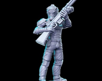 May include: A gray, detailed miniature figurine of a futuristic soldier holding a rifle. The soldier is wearing a helmet and body armor. The figurine is standing on a round base.