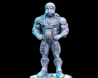 May include: A gray, detailed miniature figure of a sci-fi soldier wearing a helmet and gas mask, holding a weapon. The figure is standing on a gray base with a textured surface.