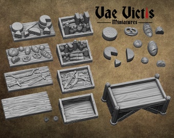 Tavolo da mercato, mobili da commerciante, miniature per giochi di ruolo, stampate in 3D, 28 mm, terreni sparsi, scenari fantasy, giochi D&D, oggetti di scena, pathfinder, mercato