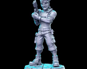 May include: A gray 3D printed figurine of a person wearing a shirt, pants, and boots. The person is holding a gun in their right hand and has a serious expression on their face.