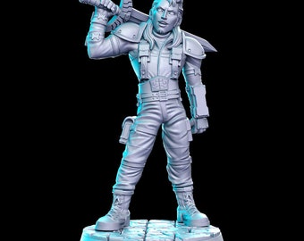 May include: A gray 3D printed miniature figurine of a person wearing a futuristic outfit and holding a sword over their shoulder. The figurine is standing on a round base.