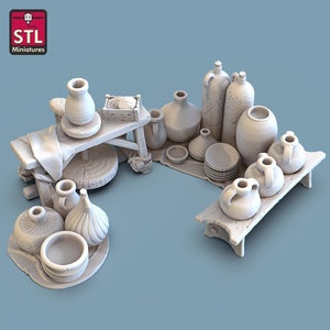 May include: A collection of white ceramic pottery, including jugs, jars, and bowls, arranged on wooden tables and shelves. The pottery is all in a simple, rustic style.