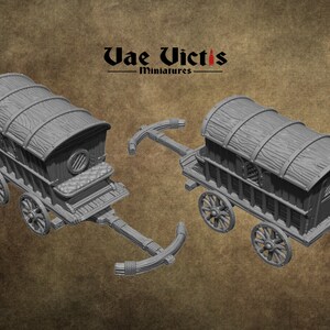 Wózek podróżny, wóz RPG, miniaturowe meble, druk 3D, 28 mm, rozrzucony teren, blat stołu, sceneria fantasy, gry, D&D, rekwizyty, Pathfinder