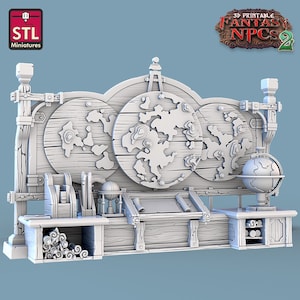 May include: A 3D printed model of a wooden desk with a map on the back wall, a globe on the right side, and a variety of other details, such as books, scrolls, and a quill. The desk is part of a set of 3D printable fantasy NPCs. The text on the image reads '3D Printable Fantasy NPCs 2'.