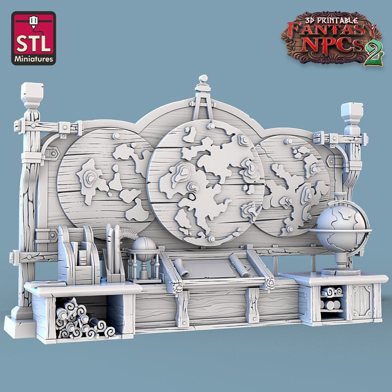 May include: A 3D printed model of a wooden desk with a map on the back wall, a globe on the right side, and a variety of other details, such as books, scrolls, and a quill. The desk is part of a set of 3D printable fantasy NPCs. The text on the image reads '3D Printable Fantasy NPCs 2'.