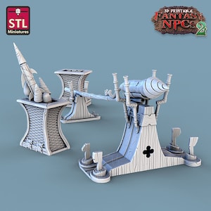 Könnte beinhalten: Ein 3D-gedrucktes Modell einer Fantasy-Raketenwerfer, mit einem detaillierten Design und einer Holzbasis. Das Modell ist Teil eines Sets von druckbaren Fantasy-Nicht-Spieler-Charakteren (NPCs).