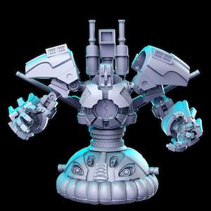 以下が含まれることがあります： 複数の腕と丸いベースを持つ、グレーで詳細なロボットのようなフィギュア。フィギュアは、複雑なディテールと機械的な美学を持つ未来的なデザインです。