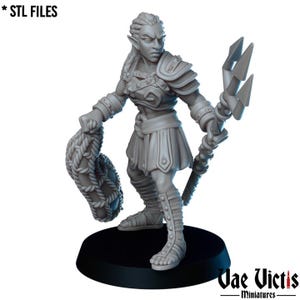 May include: A gray 3D printed miniature of a female elf warrior holding a trident and a rope. The elf is wearing armor and sandals. The miniature is on a round base.