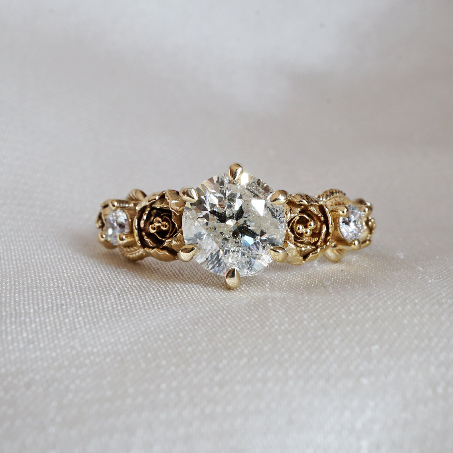 14K Solid Gold sinatra Ring, Grey Salt and Pepper Diamond With Peonies ...