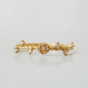 14K Solid Gold Mini Peony Twisted Ring. Dainty Flower Ring