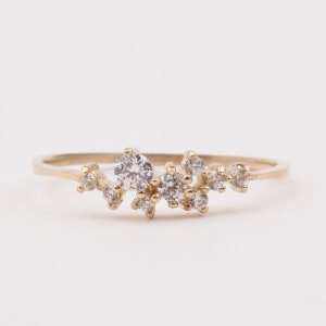 14K Snow Queen Dainty Diamond Ring. Cluster Ring