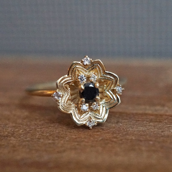 14K Solid Gold Gothic Rose Window Black Diamond Ring Etsy Australia