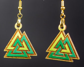 Wood engraved and hand painted Norse Runic Valknut Gold French Wire Earring Ball Hooks with Pendant Clasp. unique norse gift.